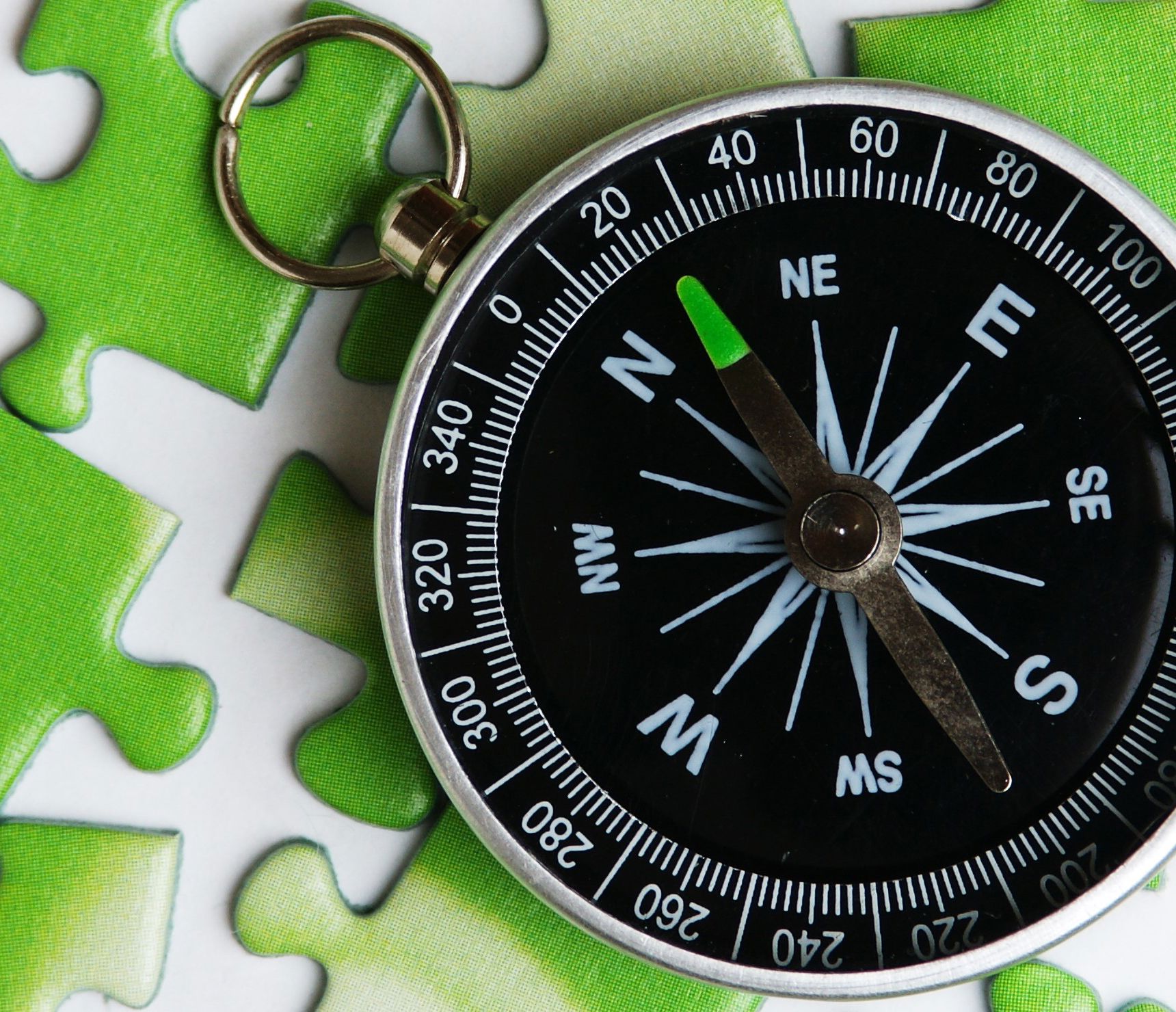 Et kompas der ligger ovenpå grønne puslespilsbrikker
