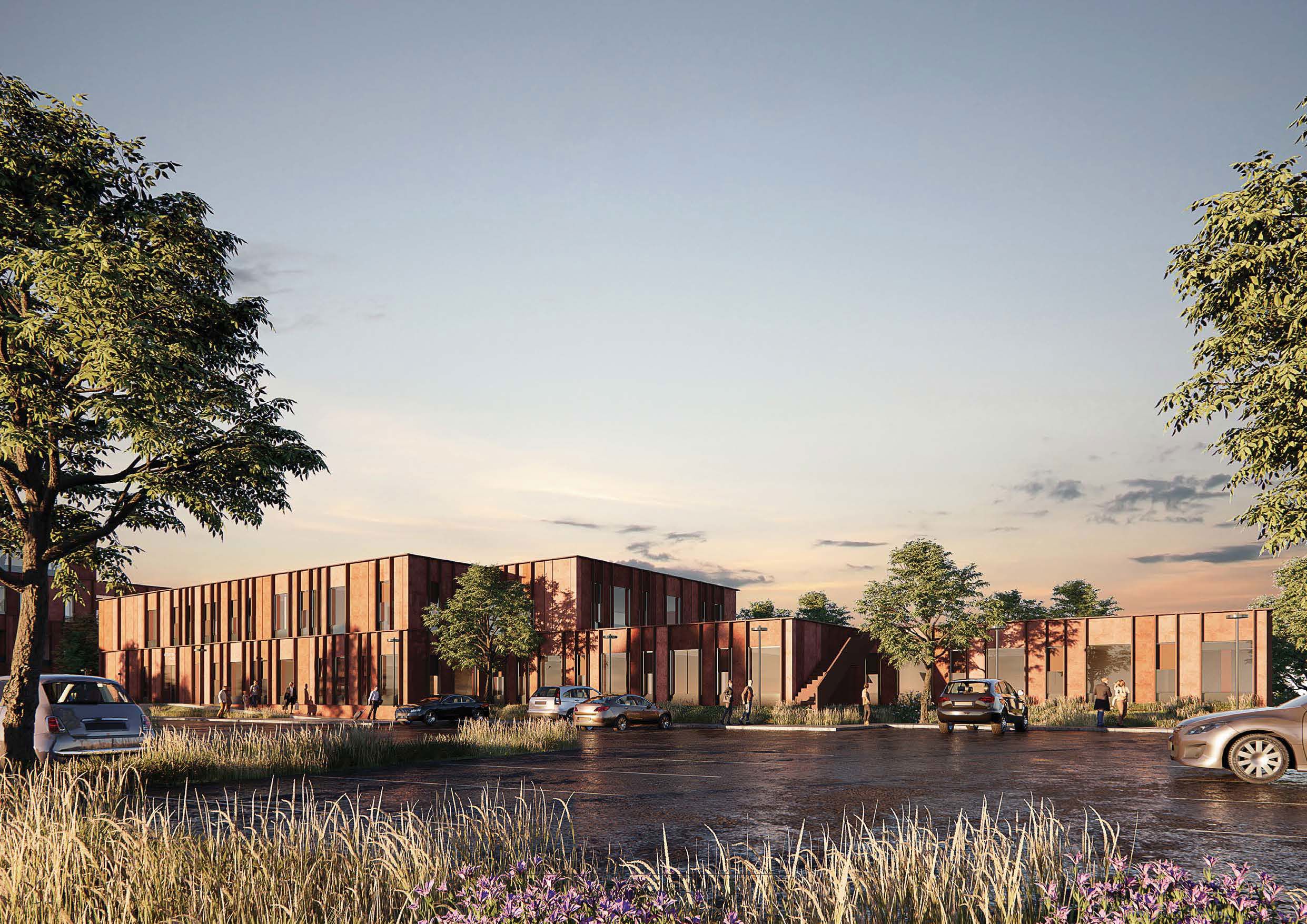 Visualisering af Sundhedshuset i tusmørke