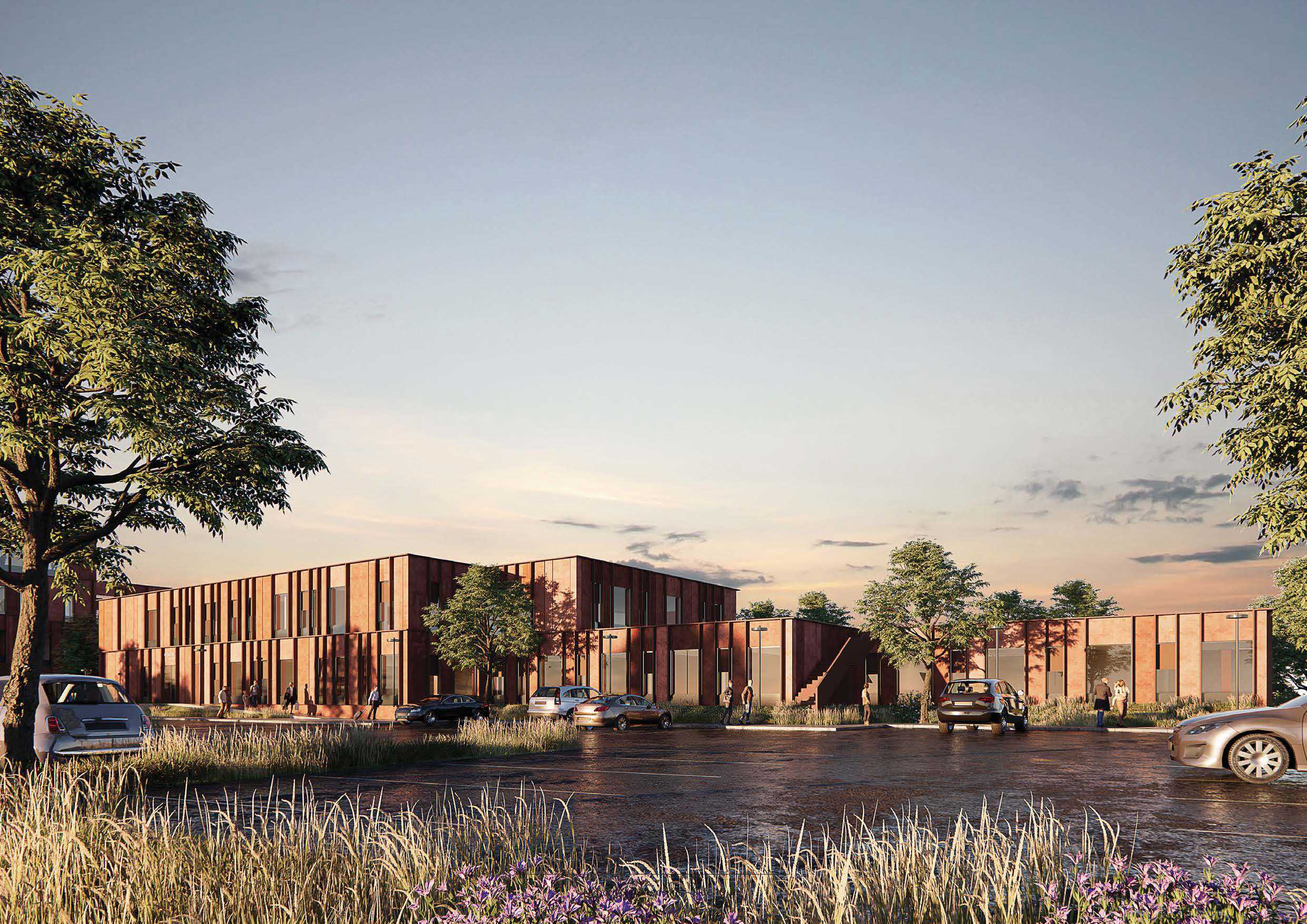 Visualisering af Sundhedshuset i tusmørke