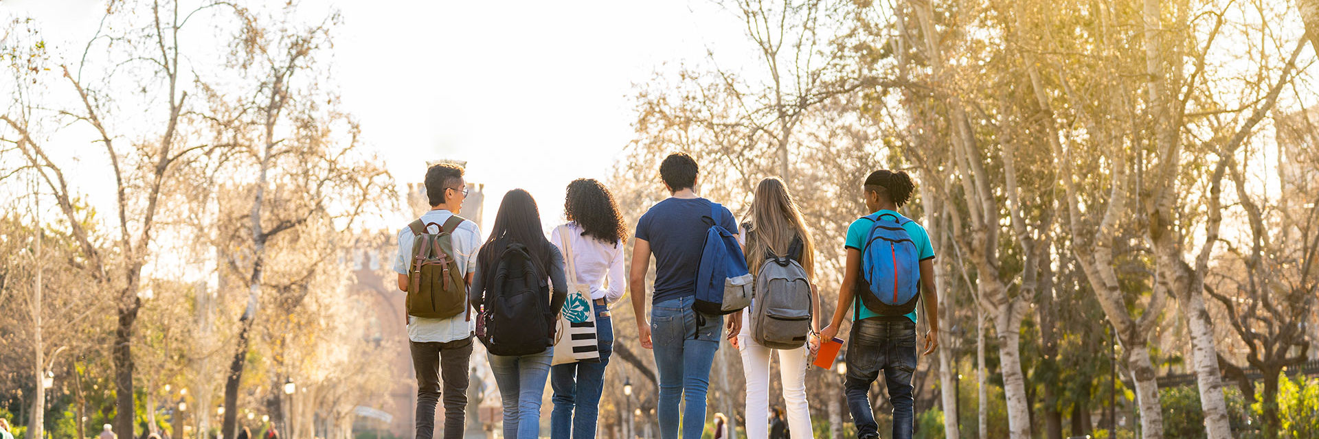 Ryggen af seks unge med skoletasker