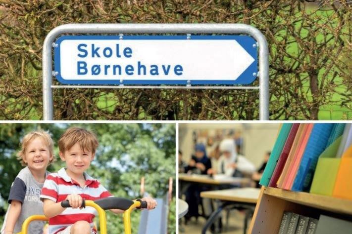 Collage med børn, bøger, skole og børnehave