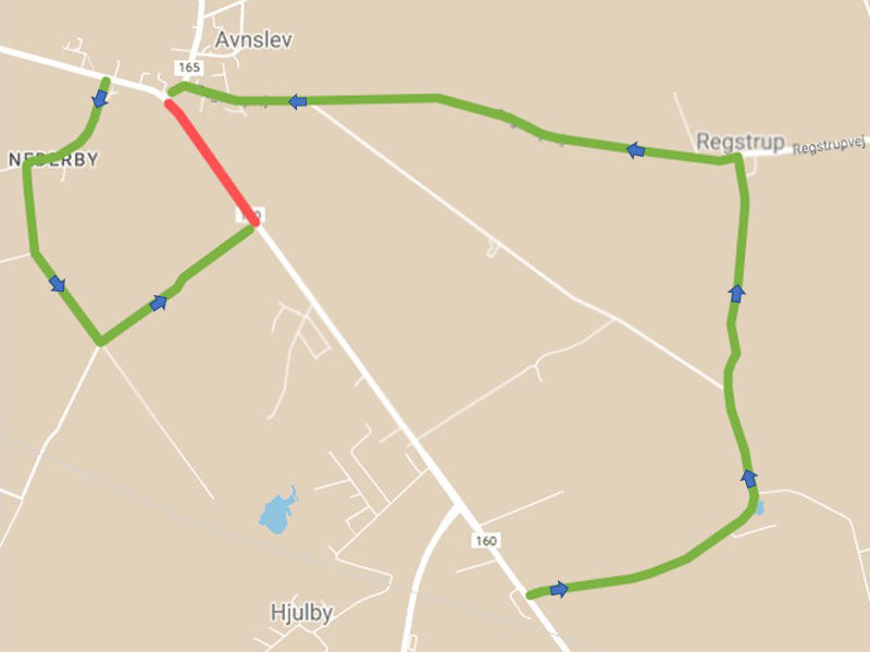 Enkel tegning der viser afspærring af Odensevej i Aunslev // Foto: Nyborg Kommune