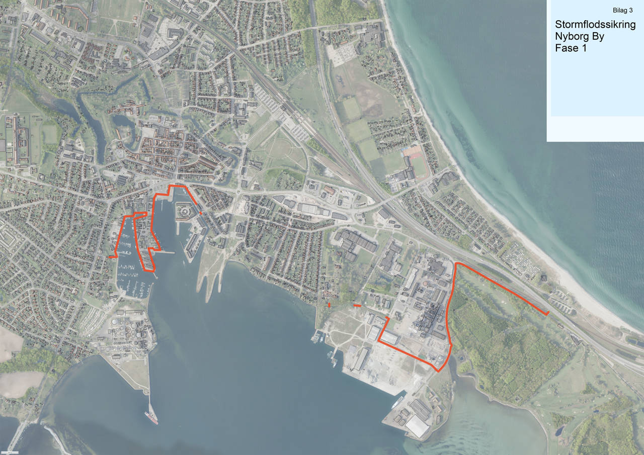 Illustration med markering af højvandssikring i indre havn