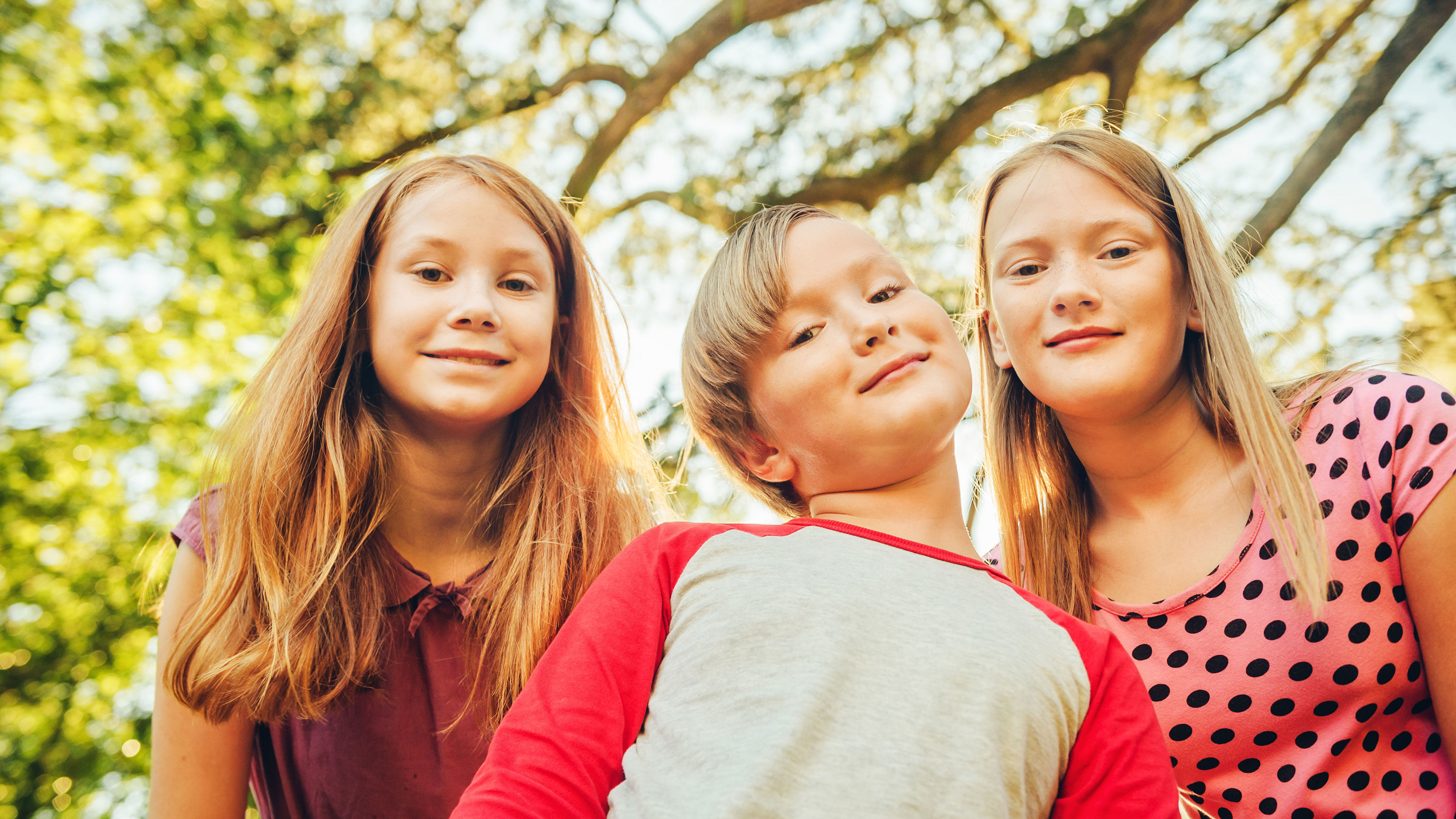 Tre børn med træ og solsikn i baggrunden