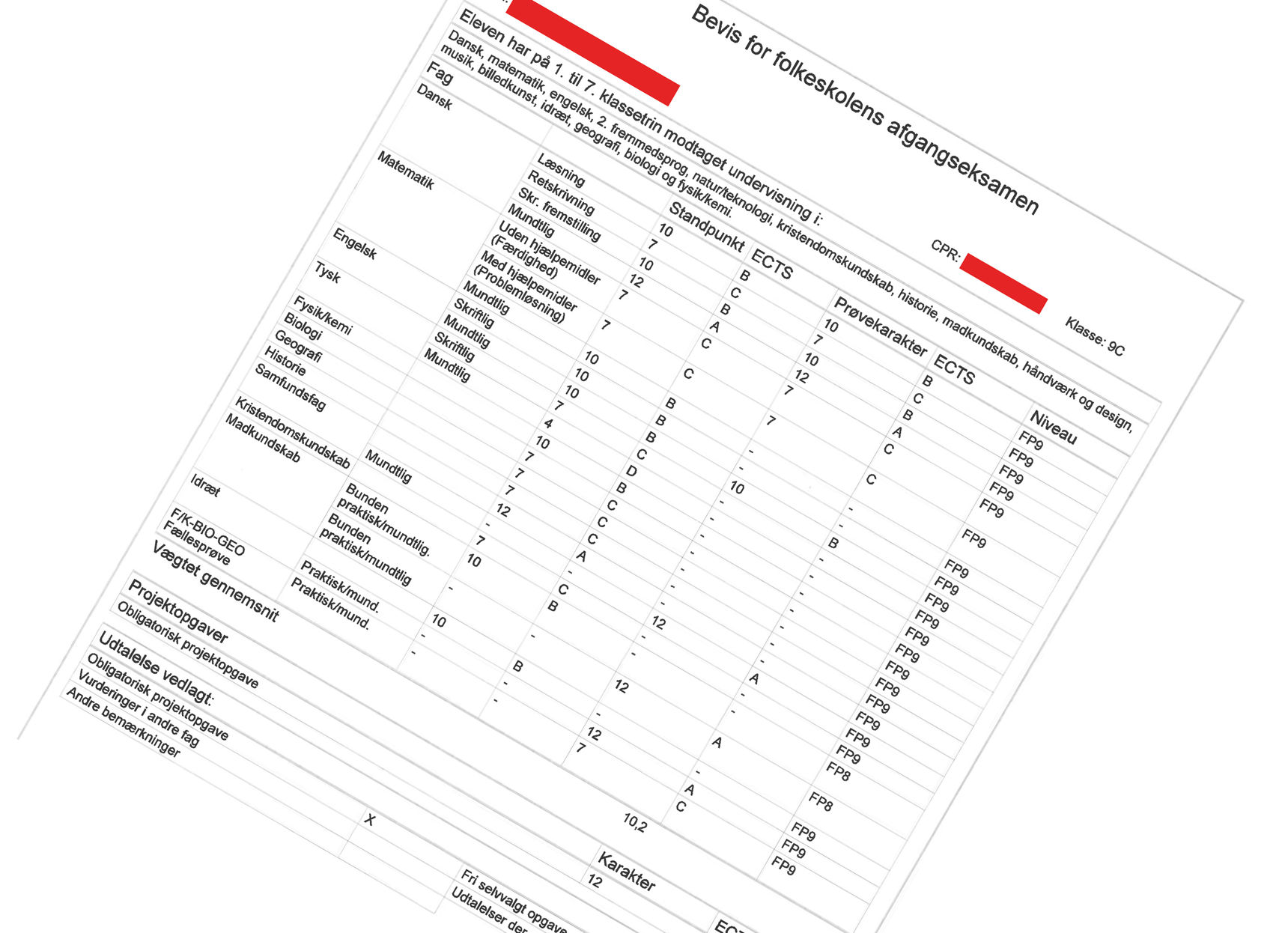 Eksempel på et eksamensbevis fra folkeskolen