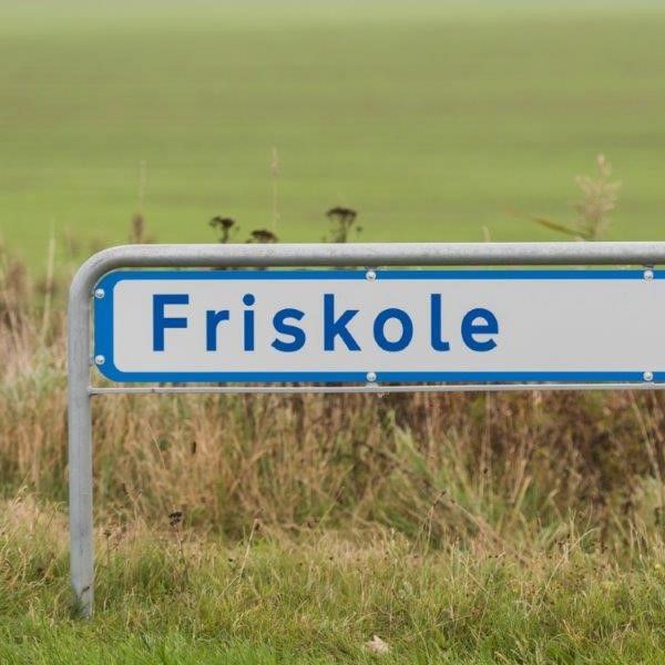 Vejskilt med teksten "Friskole"