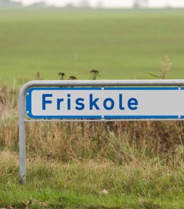 Vejskilt med teksten "Friskole"