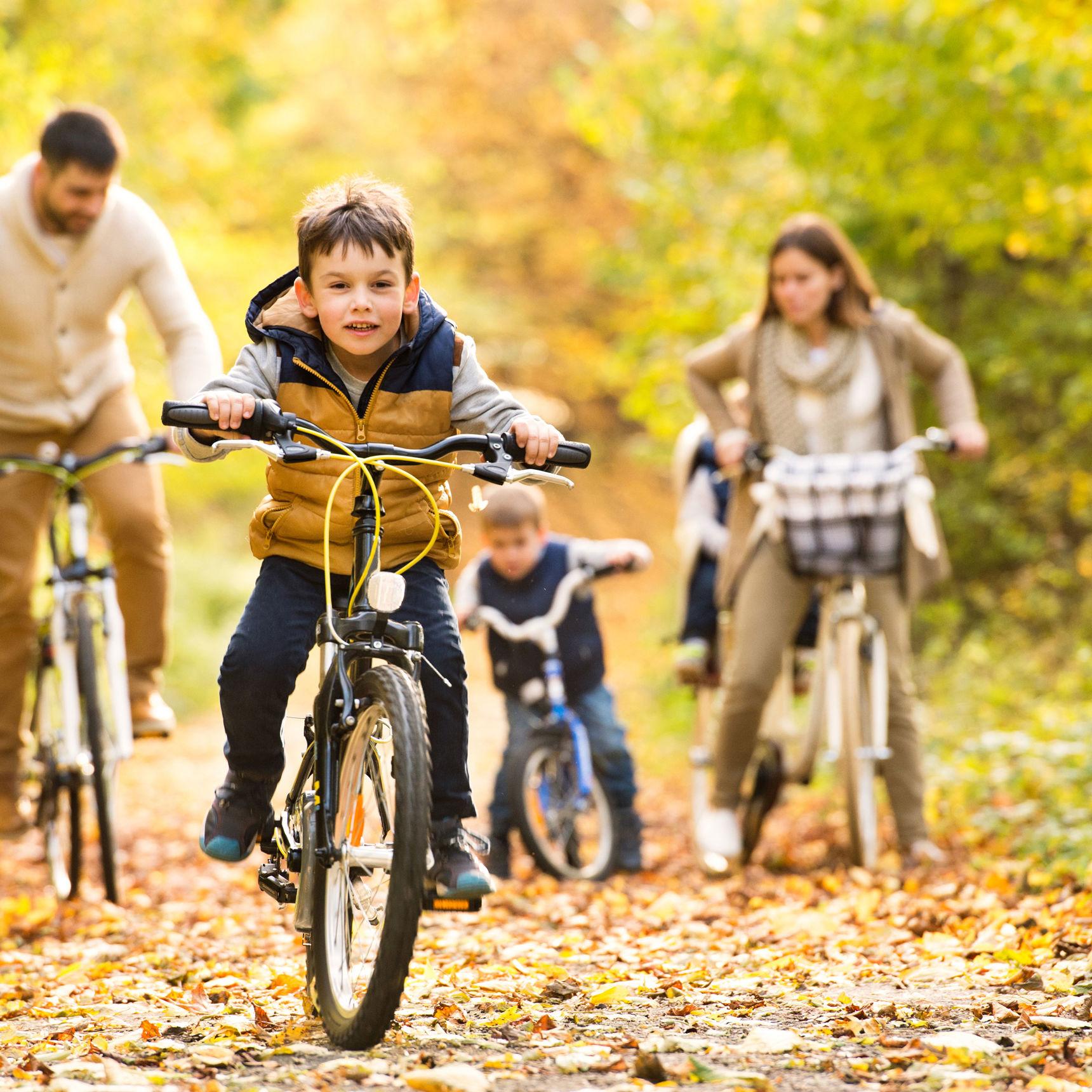 Dreng og hans familie der cykler i skoven