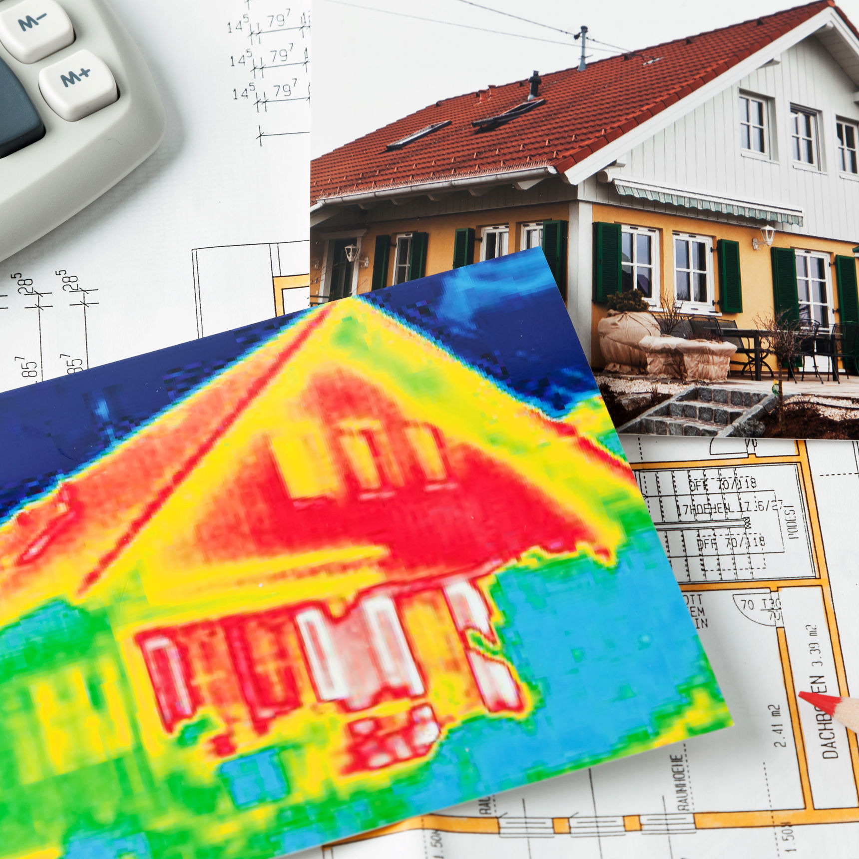 Foto af et hus og en sammenligning med foto taget med et termokamera