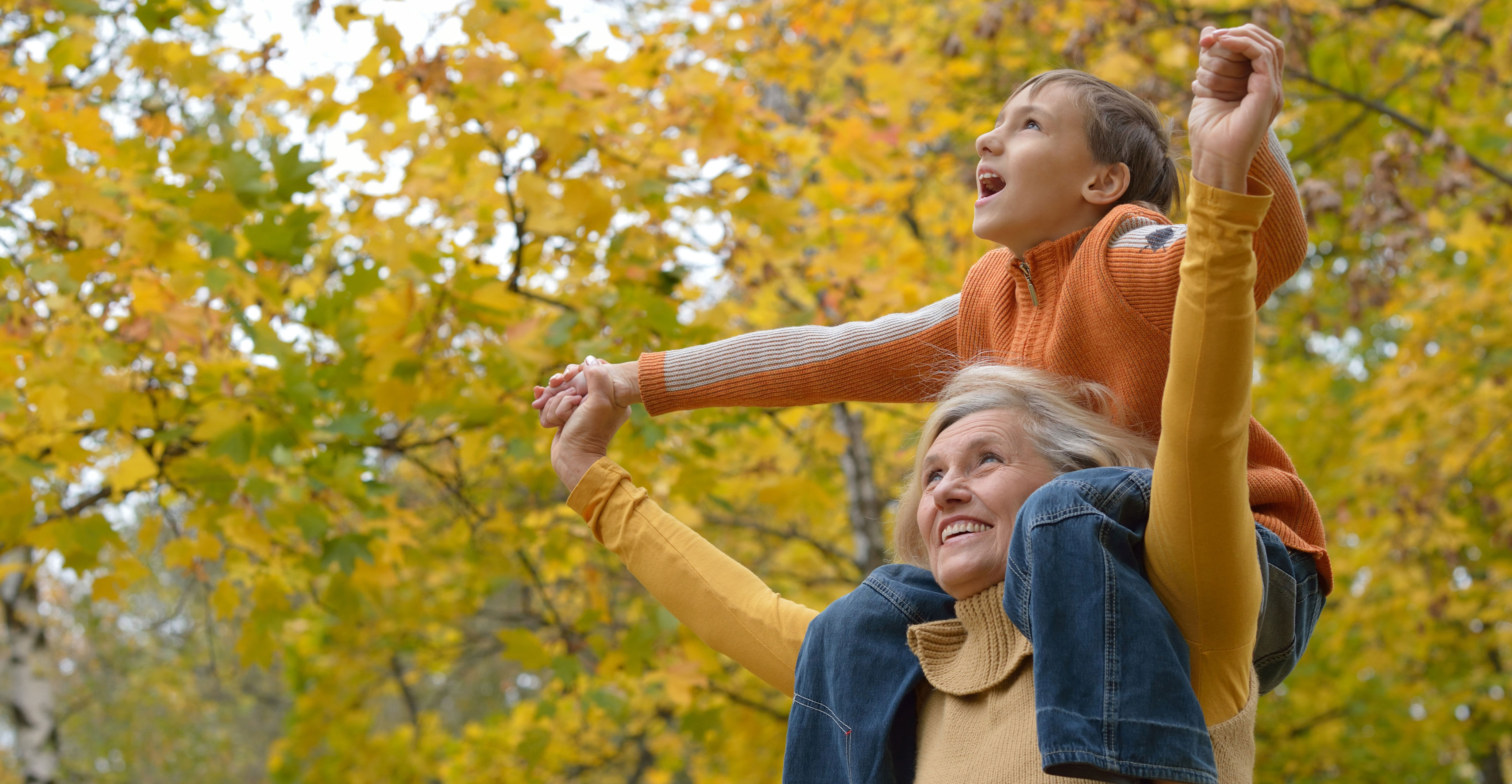Dreng der sidder på skulderne af sin bedstemor i skoven