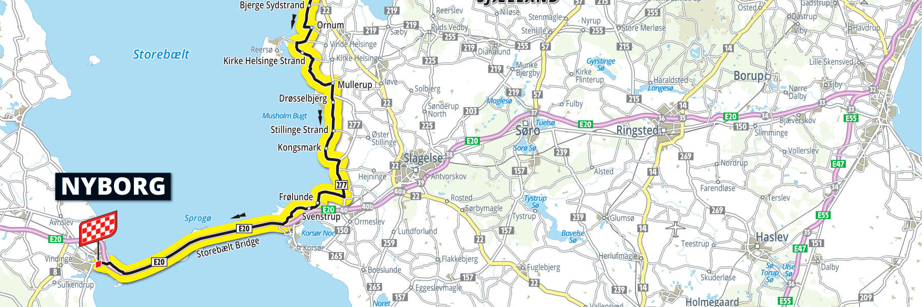 Kort over 2. etape - Roskilde/Nyborg ved TDF 2022