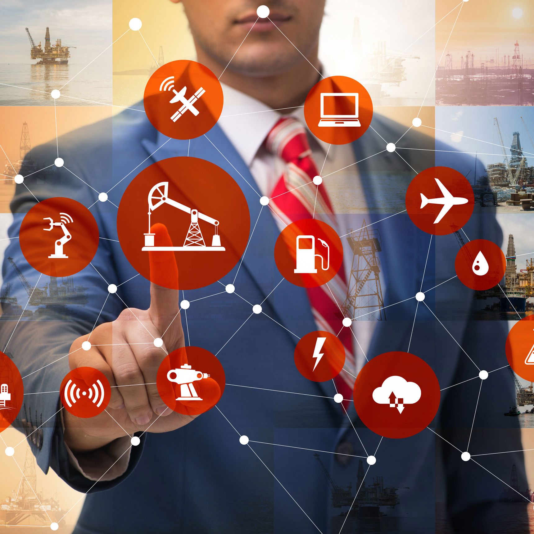 Mand bagved en interaktiv skærm med en masse erhvervs-ikoner