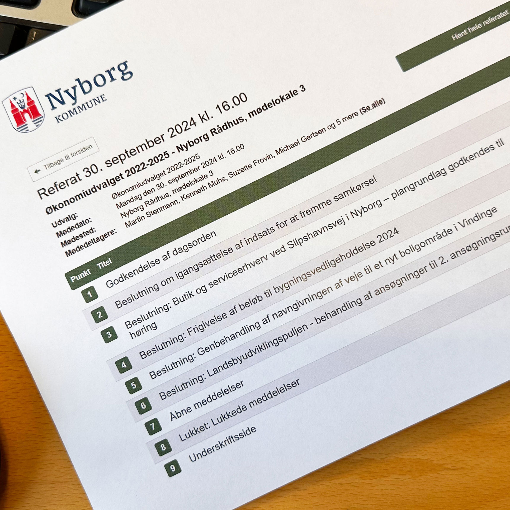 Referat fra Økonomiudvalget i Nyborg Kommune