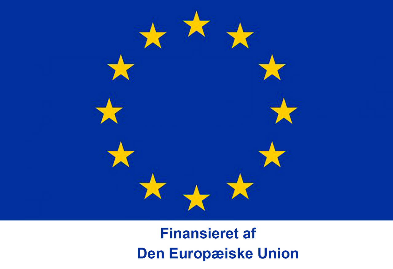 EU's flag med teksten Finansieret af Den Europæiske Union