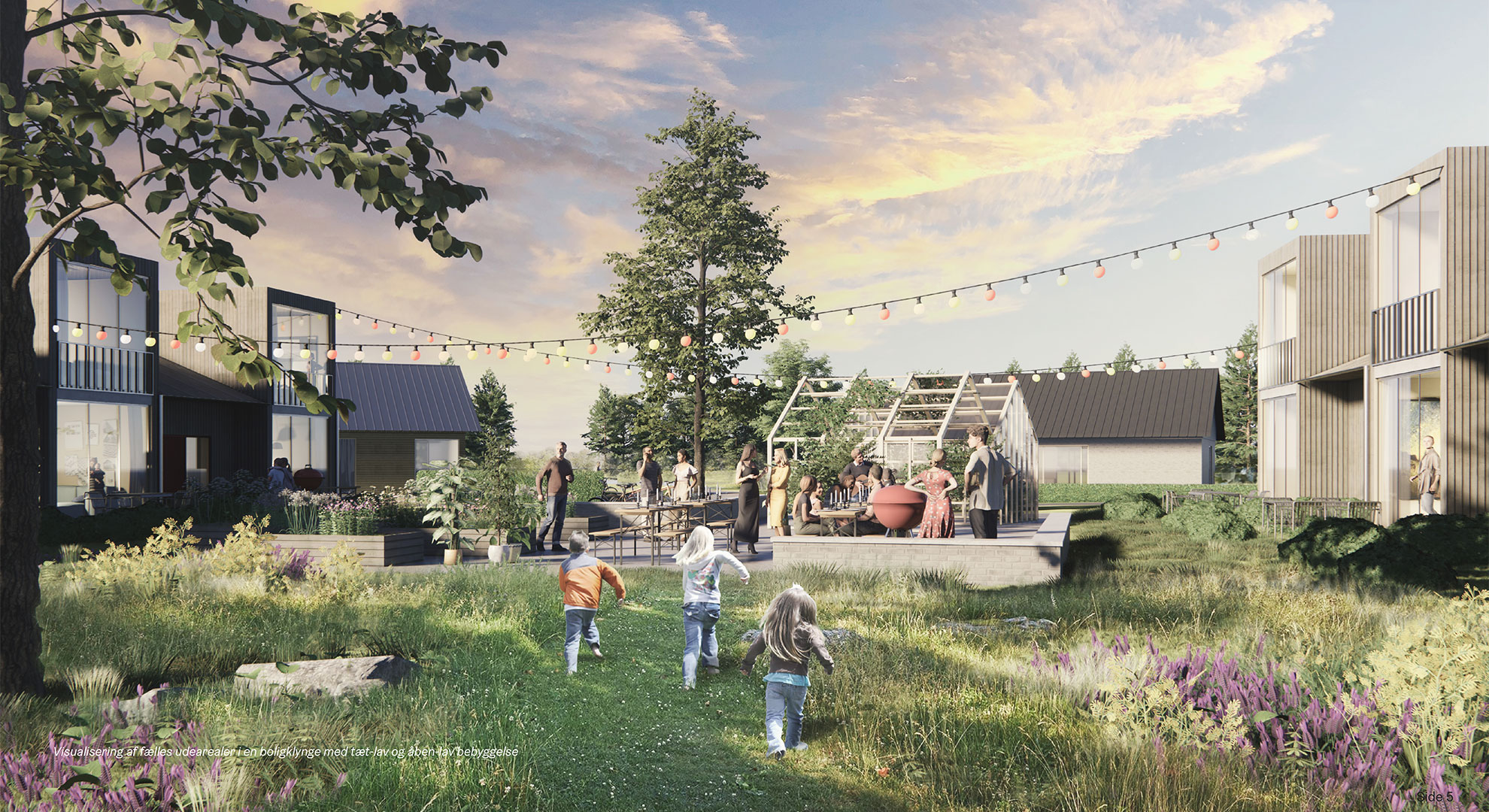 Visualisering af fælles udearealer i en boligklynge med tæt-lav og åben-lav bebyggelse